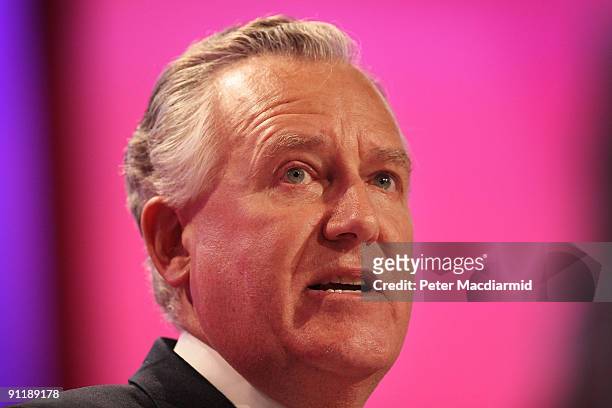 Welsh Secretary Peter Hain speaks at the Labour Party Conference on September 27, 2009 in Brighton, England. Party officials and delegates are...