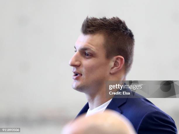 Rob Gronkowski of the New England Patriots arrives for Super Bowl LII on January 29, 2018 at the Minneapolis-St. Paul International Airport in...