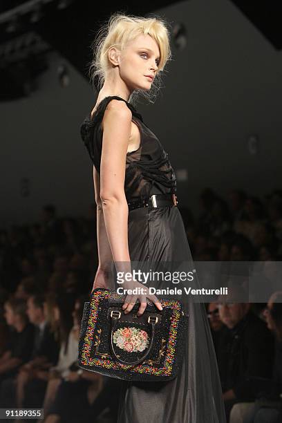 Model Jessica Stam walks down the runway during the Fendi show as part of Milan Womenswear Fashion Week Spring/Summer 2010 at on September 27, 2009...