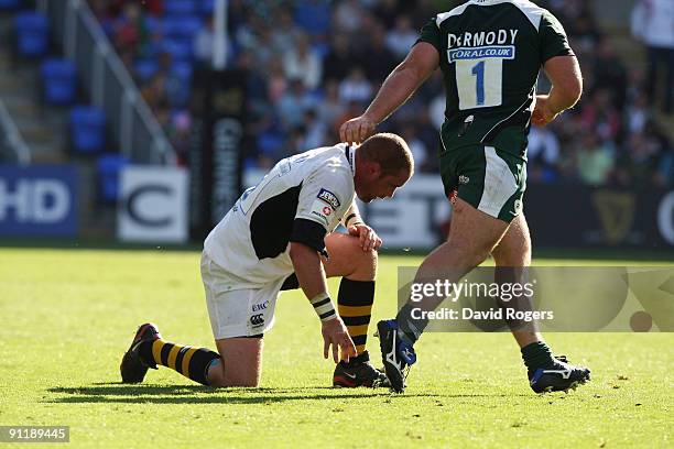 Phil Vickery of Wasps is dazed after a tackle during the Guinness Premiership match between London Irish and London Wasps at the Madejski Stadium on...