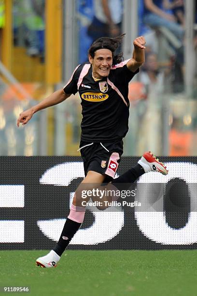 Edinson Cavani of Palermo celebrates after scoring the opening goal during the Serie A match played between SS Lazio and US Citta di Palermo at...