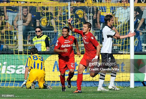 Daniele Dessena of Cagliari Calcio celebrates after scoring the second goal during the Serie A match between Parma FC and Cagliari Calcio at Stadio...