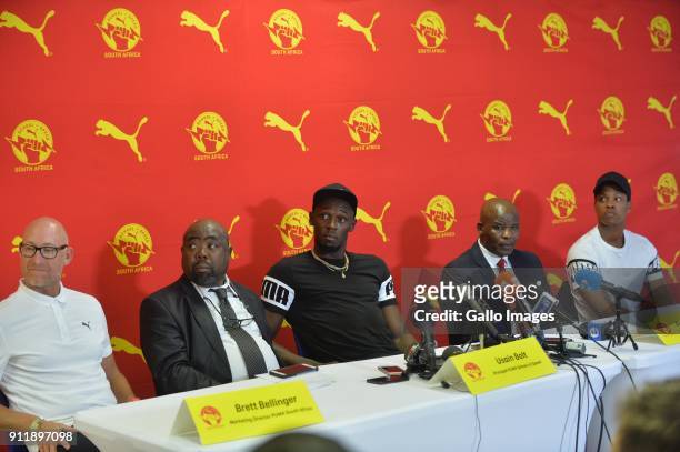 Brett Bellinger ,Minister of Sport and Recreation, Mr Thulas Nxesi, Retired Jamaican athletic superstar Usain Bolt,Aleck Skhosana is president of...