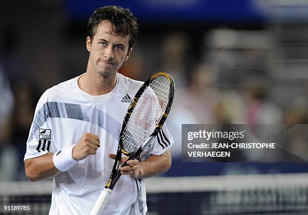 German Philipp Kohlschreiber reacts during the final match against French Gael Monfils during the ATP Moselle Open Tennis tournament in Metz, eastern...