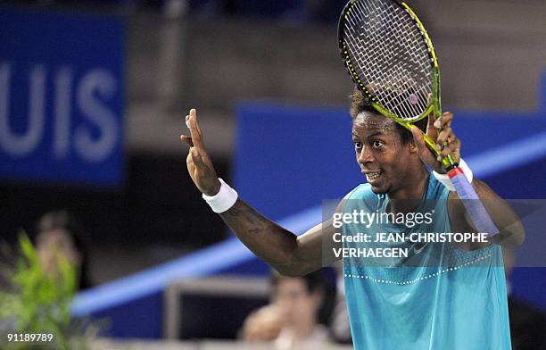 French Gael Monfils reacts during his match against German Philipp Kohlschreiber during the ATP Moselle Open Tennis tournament in Metz, eastern...
