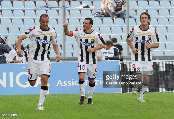 Antonio Di Natale of Udinese Calcio celebrates after scoring their first goal during the Serie A match between Udinese Calcio and Genoa CFC at Stadio...