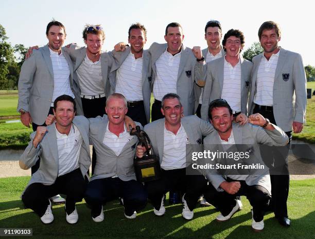The Great Britain and Northern Ireland team celebrate after the final day singles matches between Great Britain and Northern Ireland and Continental...