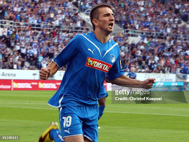 Vedad Ibisevic of Hoffenheim celebrates after scoring his team's first goal during the Bundesliga match between 1899 Hoffenheim and Hertha BSC Berlin...