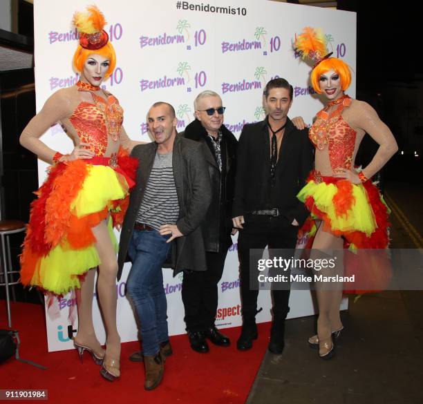 Louie Spence, Jake Canuso and Holly Johnson during a photocall for ITV show 'Benidorm ' which is celebrating it's 10th anniversary at The Curzon...