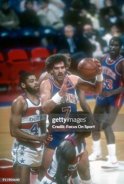 Kelly Tripucka of the Detroit Pistons in action against the Washington Bullets during an NBA basketball game circa 1983 at the Capital Centre in...