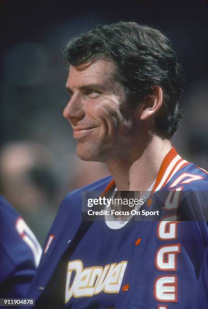 Kiki VanDeWeghe of the Denver Nuggets looks on against the Washington Bullets during an NBA basketball game circa 1982 at the Capital Centre in...