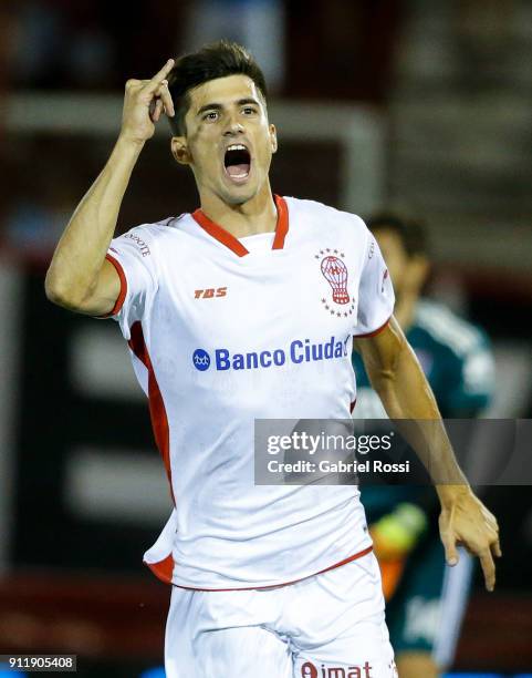 Iganacio Pussetto of Huracan celebrates after scoring the first goal of his team during a match between Huracan and River Plate as part of Torneo...