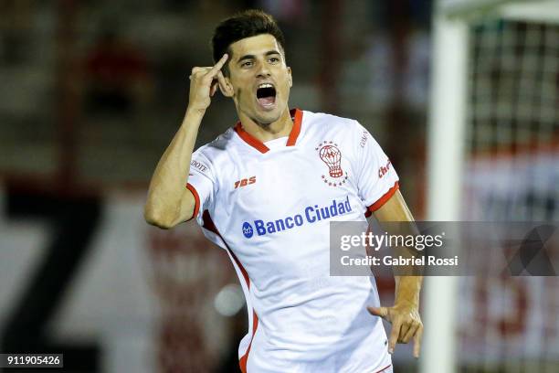 Iganacio Pussetto of Huracan celebrates after scoring the first goal of his team during a match between Huracan and River Plate as part of Torneo...