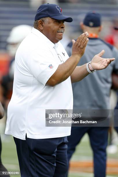 Texans defensive coordinator Romeo Crennel reacts during the Reese's Senior Bowl at Ladd-Peebles Stadium on January 27, 2018 in Mobile, Alabama.