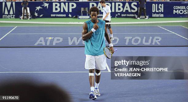 France's Gael Monfils celebrates after beating Germany's Philipp Kohlschreiber during the Moselle Tennis Open final match, on September 27th, 2009 in...