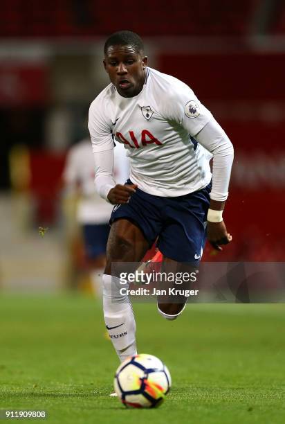 Shilow Tracey of Tottenham Hotspur in action during the Premier League 2 match between Manchester United and Tottenham Hotspur at Old Trafford on...