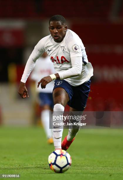 Shilow Tracey of Tottenham Hotspur in action during the Premier League 2 match between Manchester United and Tottenham Hotspur at Old Trafford on...