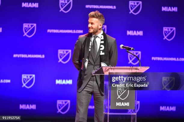 David Beckham addresses the crowd during the press conference announcing an MLS franchise in Miami at the Knight Concert Hall on January 29, 2018 in...