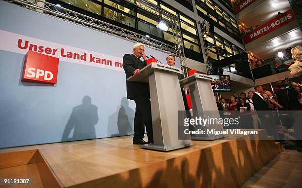 Frank-Walter Steinmeier, candidate of the Social Democratic Party in German Federal Elections, and SPD-Chairman Franz Muentefering, adress the media...