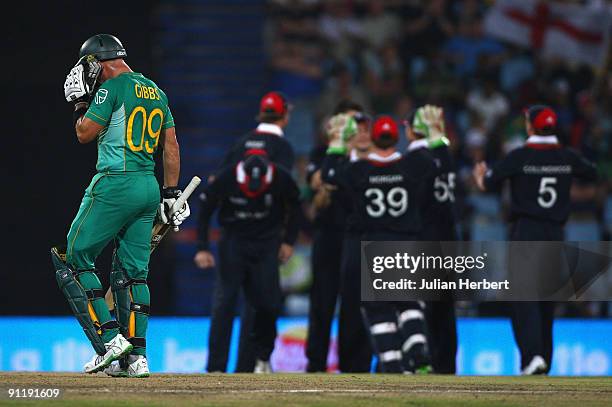 Herschelle Gibbs of South Africa walks off after his dismissal during The ICC Champions Trophy match between South Africa and England played at...