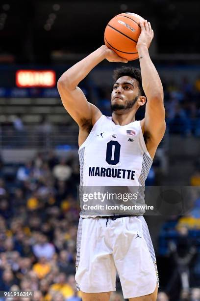 Marquette Golden Eagles guard Markus Howard shoots the basketball during the game between the Marquette Golden Eagles and the Villanova Wildcats on...