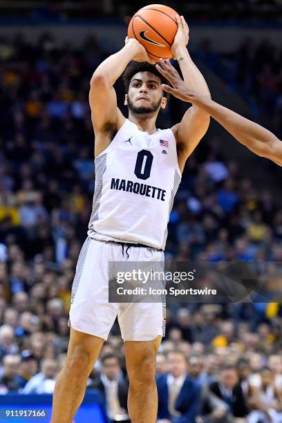 Marquette Golden Eagles guard Markus Howard shoots the ball during the game between the Marquette Golden Eagles and the Villanova Wildcats on January...