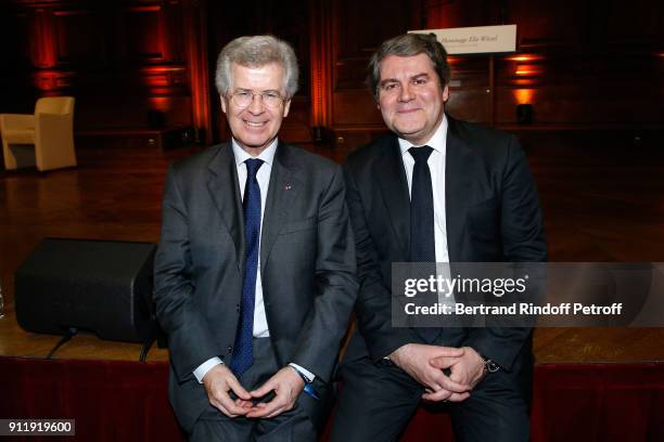 Franck Louvrier and guest attend the Tribute to ELie Wiesel by Maurice Levy X Publicis Group at "La Sorbonne" on January 29, 2018 in Paris, France.