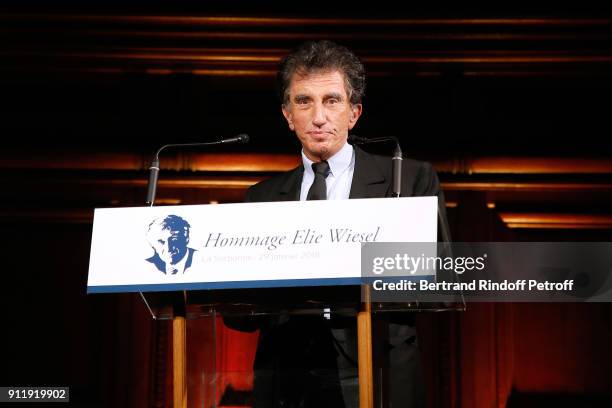 Jack Lang attends the Tribute to ELie Wiesel by Maurice Levy X Publicis Group at "La Sorbonne" on January 29, 2018 in Paris, France.