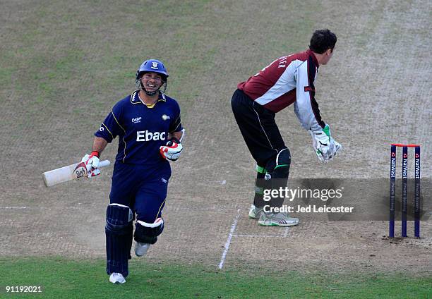 Durham batsmen Gareth Breese celebrates his team's victory with 2 balls remaining during the NatWest Pro40: Division One match between Somerset and...