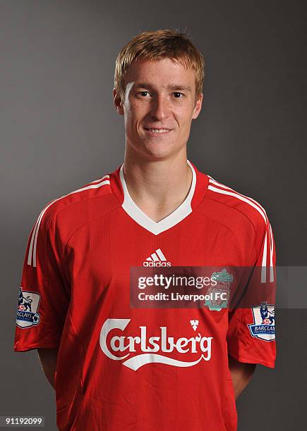 Stephen Darby of Liverpool FC poses during a Liverpool FC 2009/2010 season photocall in Liverpool, England.