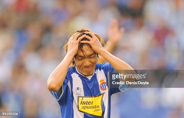 Shunsuke Nakamura of RCD Espanyol reacts after his shot went wide of target during the La Liga match between Espanyol and Xerez CD at Estadi Olimpic...