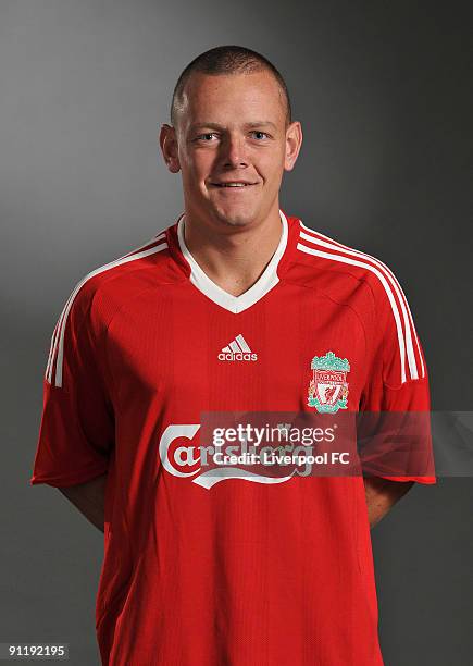 Jay Spearing of Liverpool FC poses during a Liverpool FC 2009/2010 season photocall in Liverpool, England.