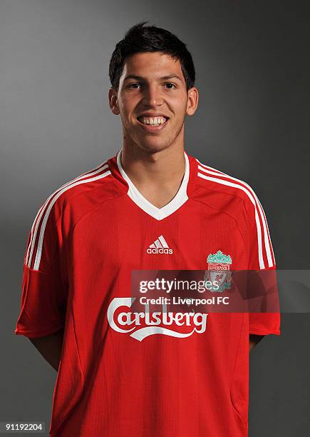 Daniel Pacheco of Liverpool FC poses during a Liverpool FC 2009/2010 season photocall in Liverpool, England.