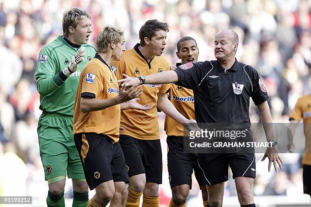 Wolverhampton Wanderers' Greg Halford appeals to referee Lee Mason who had just awarded the first of two penalties to Sunderland who won 5-2 in an...