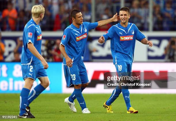 Sejad Salihovic of Hoffenheim and Vedad Ibisevic celebrate the the 5-1 victory during the Bundesliga match between 1899 Hoffenheim and Hertha BSC...