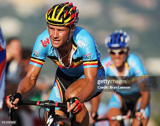 Tom Boonen of Belgium rides in the peloton during the Men's Road Race at the 2009 UCI Road World Championships on September 27, 2009 in Mendrisio,...