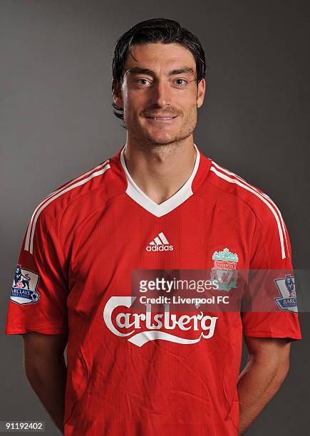 Albert Riera of Liverpool FC poses during a Liverpool FC 2009/2010 season photocall in Liverpool, England.
