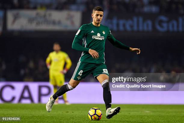 Zouhair Feddal of Real Betis in actionduring the La Liga match between Celta de Vigo and Real Betis at Balaidos Stadium on January 29, 2018 in Vigo,...