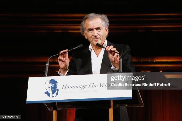 Bernard-Henri Levy attends the Tribute to ELie Wiesel by Maurice Levy X Publicis Group at "La Sorbonne" on January 29, 2018 in Paris, France.