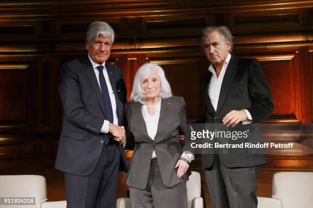 Maurice Levy, Widow of Elie Wiesel, Marion Wiesel and Bernard-Henri Levy attend the Tribute to ELie Wiesel by Maurice Levy X Publicis Group at "La...