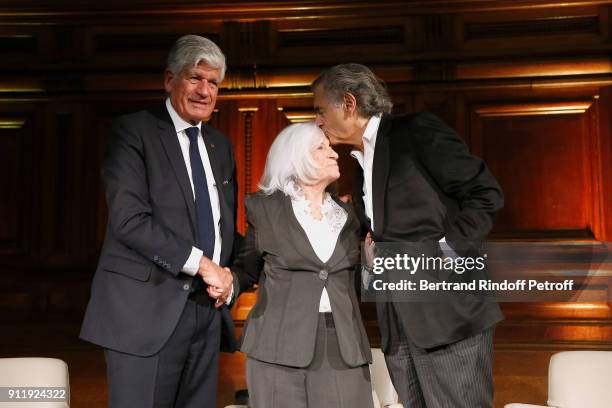 Maurice Levy, Widow of Elie Wiesel, Marion Wiesel and Bernard-Henri Levy attend the Tribute to ELie Wiesel by Maurice Levy X Publicis Group at "La...