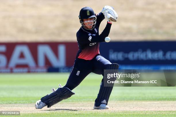 Tom Banton of England bats during the ICC U19 Cricket World Cup match between New Zealand and England at John Davies Oval on January 30, 2018 in...