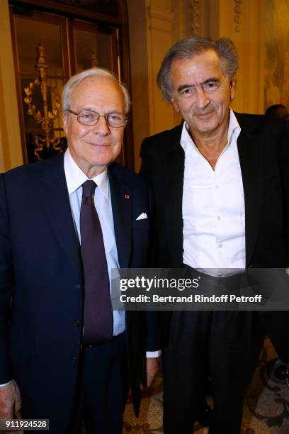 President of the foundation of the Memory of the Shoah, Baron David de Rothschild and Bernard-Henri Levy attend the Tribute to ELie Wiesel by Maurice...