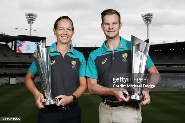 Australian Cricket captains Meg Lanning and Steve Smith pose with the ICC T20 World Cup Trophies during the ICC World T20 media opportunity at on...