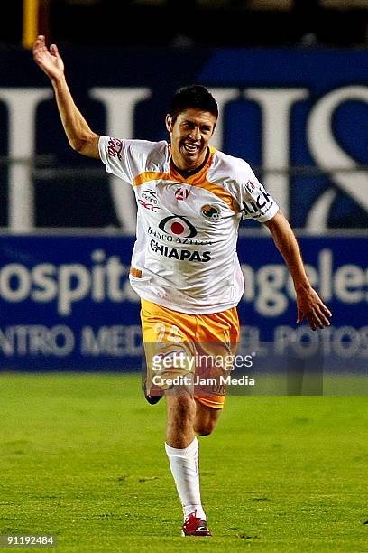 Oribe Peralta of Jaguares celebrates scored goal during their match in the 2009 Opening tournament, the closing stage of the Mexican Football League...