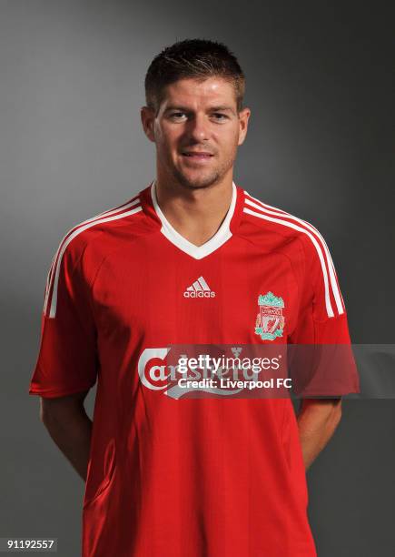 Steven Gerrard of Liverpool FC poses during a Liverpool FC 2009/2010 season photocall in Liverpool, England.