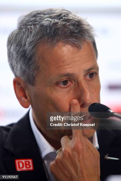 Head coach Lucien Favre of Berlin looks dejected during the press conference after losing 1-5 the Bundesliga match between 1899 Hoffenheim and Hertha...