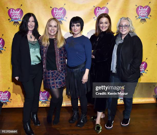 Kathy Valentine, Charlotte Caffey, Jane Wiedlin, Belinda Carlisle and Gina Schock of The Go-Go's attend a celebration of broadway's new musical 'Head...