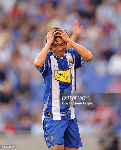 Shunsuke Nakamura of RCD Espanyol reacts after his shot went wide of target during the La Liga match between Espanyol and Xerez CD at Estadi Olimpic...