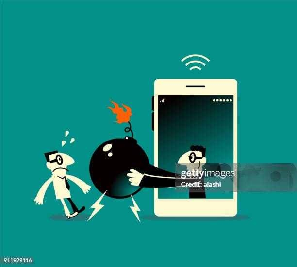 one businessman inside a smart phone (mobile phone) showing a bomb (bombing, exploding) to another man - pop mart stock illustrations